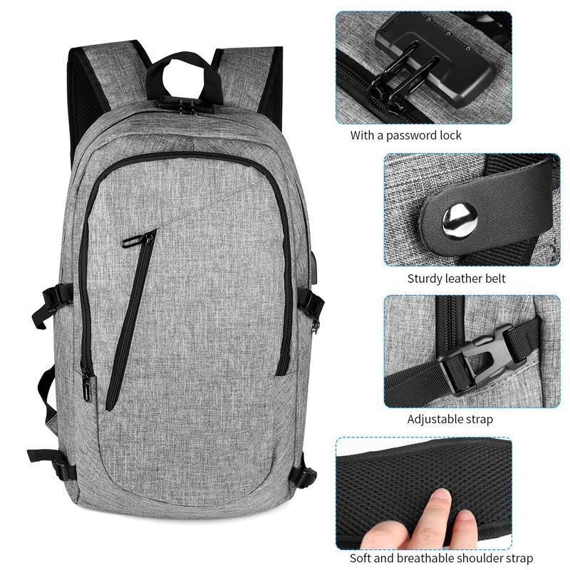 BYM Mochila gris con cargador usb, cierre con contraseña y cintas ajustables. tusbolsosymochilas.com