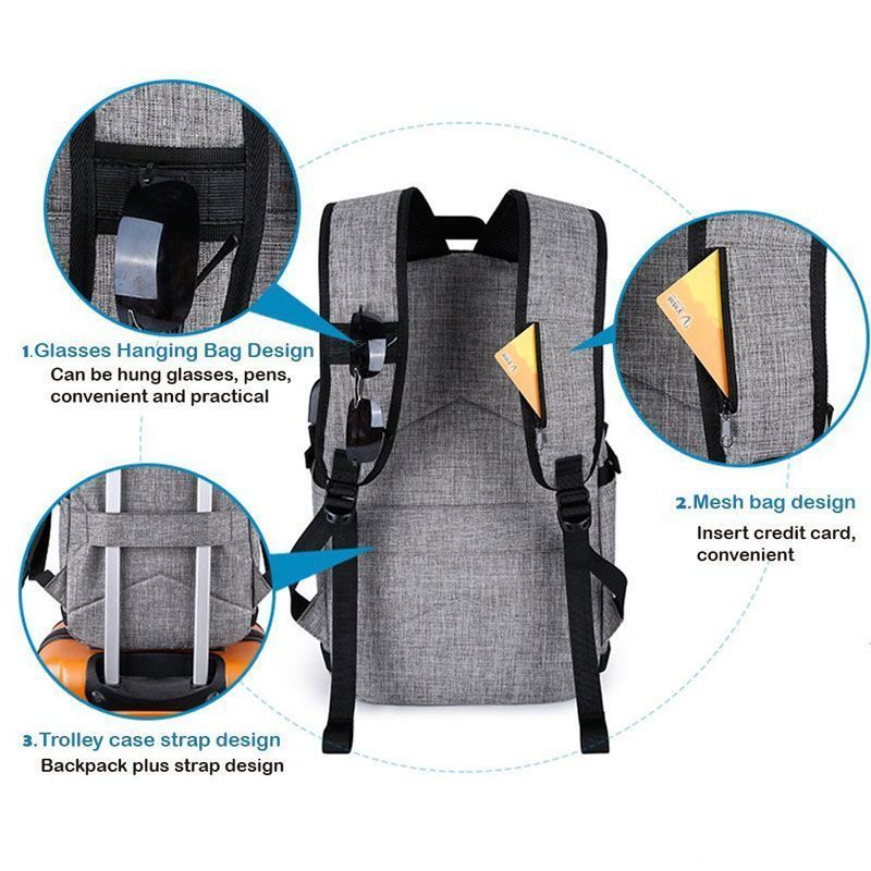 BYM Detalle de una mochila gris con USB yo conector pra auriculares. tusbolsosymochilas.com