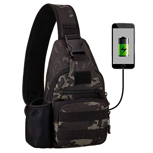 Huntvp Táctical Mochila de Pecho con Puerto de Carga USB con Bolsillo de Botella de Agua Mochila de Hombro Mochila Bandolera Estilo Militar Impermeable para Caza Correr Senderismo Ciclismo, Camuflaje