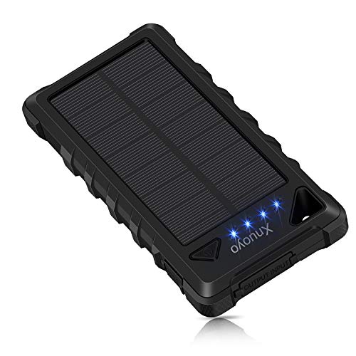 Xnuoyo Cargador Solar Portátil 20000mAh Impermeable Batería LED de luz de Emergencia para Panel Solar Alta Conversión Batería Externa Power Bank con Carabinero (Negro)