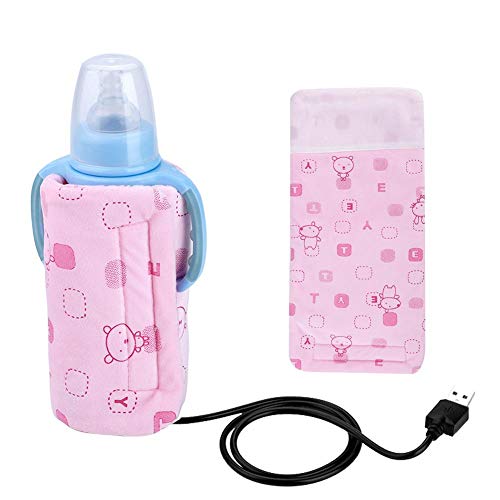 Calentador de biberones electrónico USB, bolsa de aislamiento del calentador de calefacción, termostato de biberón con diseño de apertura de cremallera, calentador de leche desmontable (Rosado)