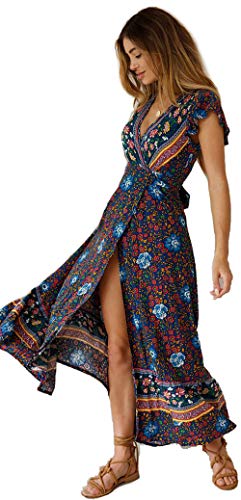Mujeres Sexy Cuello En V Vestidos Bohemio Wrap Floral Impreso Vintage Estilo étnico de Alta Split Beach Maxi Vestido Marin XL