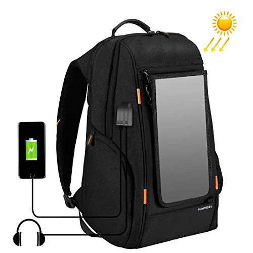 HAWEEL - Mochila para ordenador portátil, multifunción, con panel solar, transpirable, con puerto de carga USB y puerto para auriculares, estilo informal, Black with Solar Panel