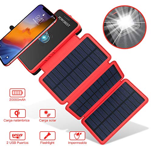 Cargador de Solar 20000Mah,Inalámbrico PowerBank Portátil de POWOBEST,Impermeable Batería Externa con 3 Paneles Solares Plegables, Linterna, Dual USB 5V/2.1A para iPhone,Huawei y Móvil