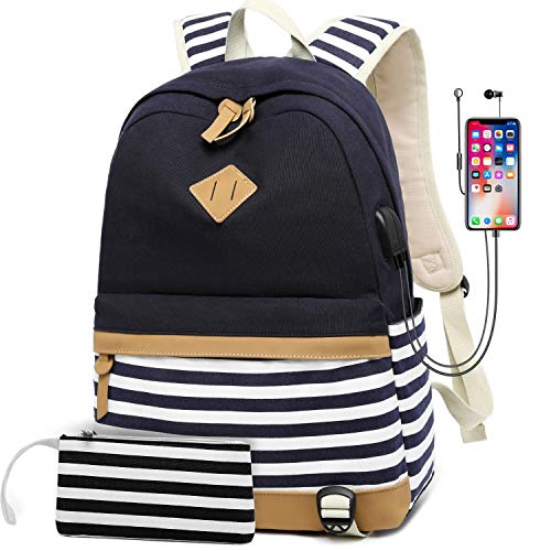 Mochilas Escolares, ERAY Mochila de Lona, USB Puerto y Puerto de Auriculares, Ideal para Niños/Mujeres/Estudiantes/Viajes, 30cm x 17cm x 43cm/ 11.8 x 6.7 x 13in, Negro