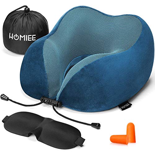 HOMIEE Almohada de Viaje，para Avión Almohada Cervical, Almohada Ortopédica Cervical, de Espuma con Memoria，con Máscara de Ojos, Tapones y Bolsa con Cordón