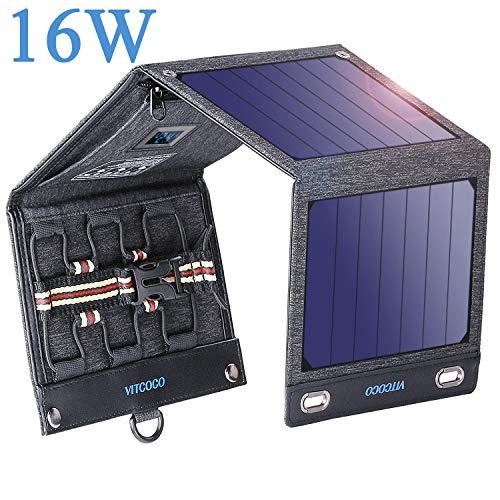 VITCOCO Panel Solar Portátil, 16W Portatil Cargador Solar Portátil Plegable Impermeable Power Bank con 2 USB de Salida Puertos for Telephone, Camera etc.