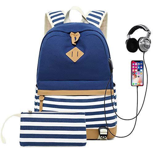 Muchachos Chicas Casual Mochilas,2 Piezas Set Adolescente Raya Lona Colegio Mochila con USB Cargando Port+Bolso Lápiz (Negro)