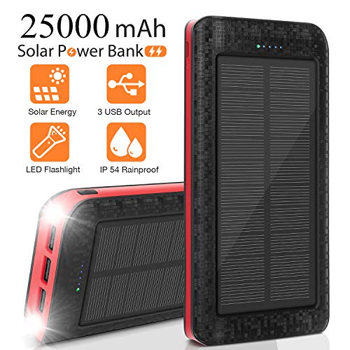 AMAES Cargador Solar Móvil 25000mAh Power Bank Batería Externa Banco de Energía Portátil 5V / 2.1A Cargador Rápido de Teléfono Celular, Linterna, IPX5, Ideal para Viajes, Camping, Emergencia etc