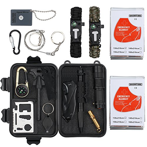 Proster Kit de Supervivencia 16 en 1 Equipo de Supervivencia de Bolsa de Herramientas con Manta de Emergencia y Multifuncional Bolsa de Supervivencia profecional para Viajar Caminar Acampar al Aire
