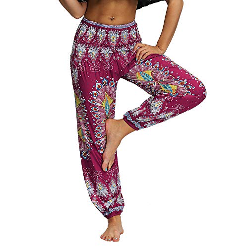 Nuofengkudu Mujer Hippies Pantalones Harem Tailandeses Boho Estampados Bolsillos Cintura Alta Baggy Yoga Pants Verano Playa Fiesta (Rose,Talla única)
