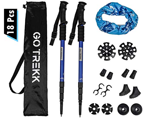 2 Bastones de senderismo profesionales 60 ~135 cm+ accesorios múltiples + bandana deportiva,Trekking poles telescópicos, Ultra ligeros, Plegables, Aleación de Aluminio, Anti Choque, Color Azul