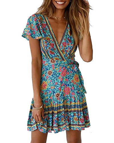 Abravo Mujer Vestido?Bohemio Corto Florales Nacional Verano Vestido Casual Magas Cortas Chic de Noche Playa Vacaciones,Azul,XL
